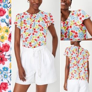 Ann Taylor Georgette Floral Blouse Ruffle Sleeve Jewel Neck Wrinkle Resistant